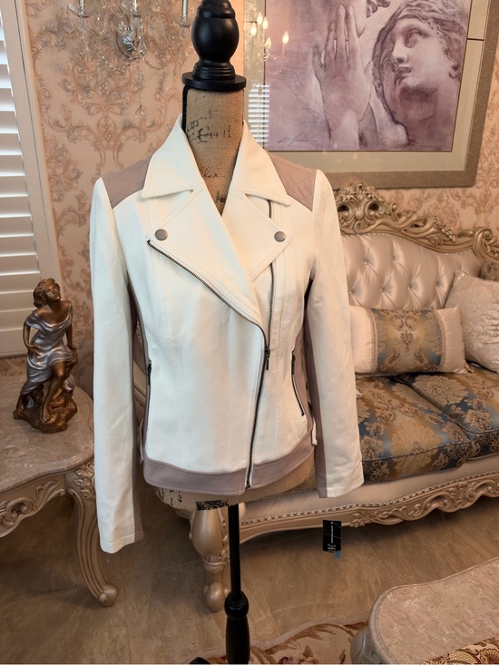 INC International Concepts Jackets & Blazers - NEW—INC International Concepts Off-White&Taupe Leather Asymmetric Moto Jacket